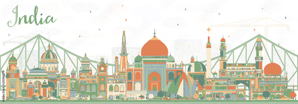 India City Skyline with Color Buildings.