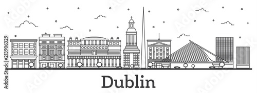 Outline Dublin Ireland City Skyline with Historic Buildings Isolated on White.