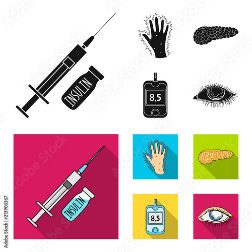 Syringe with insulin, pancreas, glucometer, hand diabetic. Diabet set collection icons in black, flat style vector symbol stock illustration web.