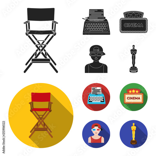 Chair of the director, typewriter, cinematographic signboard, film-man. Films and cinema set collection icons in black, flat style vector symbol stock illustration web.