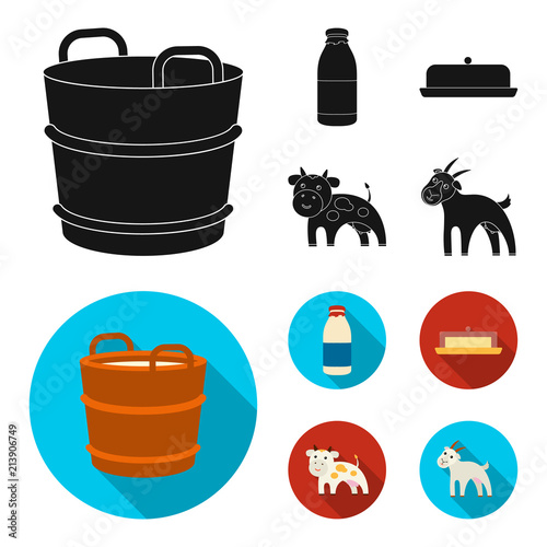 A barrel of milk, butter, a cow. Milk set collection icons in black, flat style vector symbol stock illustration web.