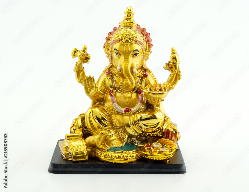 Gilded figure of the elephant Ganesha on white background