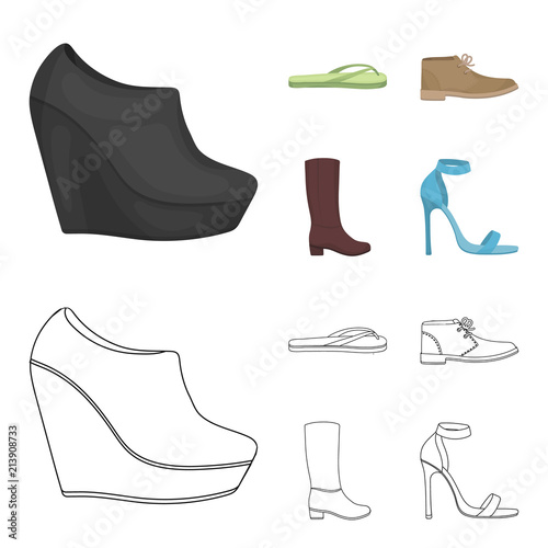 Autumn black shoes on a high platform, flip-flops green for relaxation, sandy men autumn shoes, high brown boots. Shoes set collection icons in cartoon,outline style vector symbol stock illustration