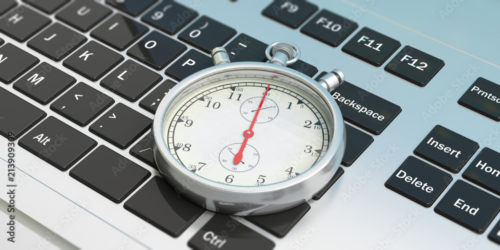 Stopwatch, timer, on computer, laptop keyboard. 3d illustration Stopwatch, timer, on computer, laptop keyboard. 3d illustration