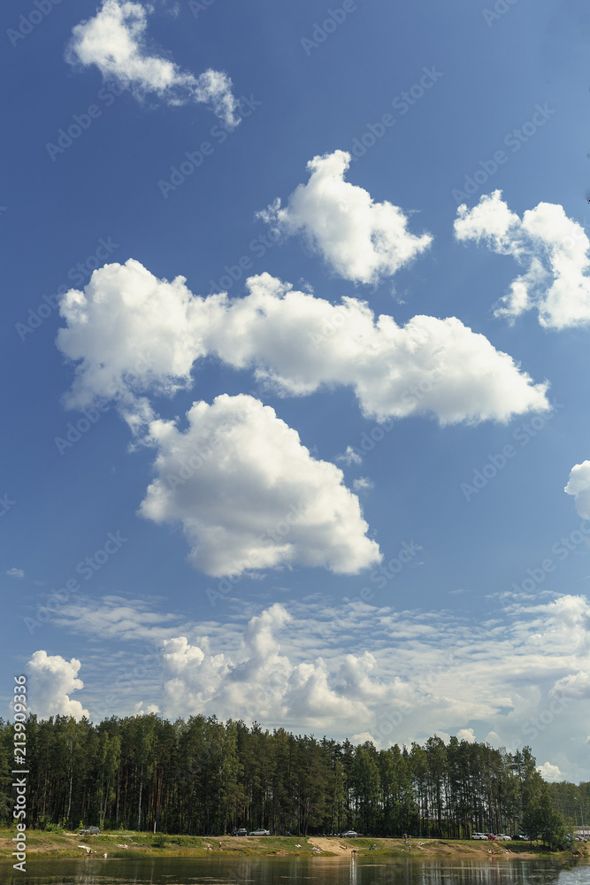 textured white clouds against the backdrop of a forest lake and tall forest trees textured white clouds against the backdrop of a forest lake and tall forest trees