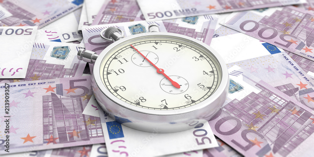 Stopwatch, timer on euro banknotes background. 3d illustration Stopwatch, timer on euro banknotes background. 3d illustration