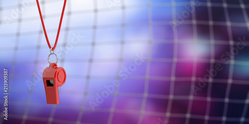 Fotografie Red whistle on blur soccer goal net background, copy space