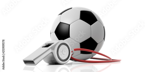 Fototapeta Naklejka Na Ścianę i Meble -  Coach whistle and soccer football ball isolated on white background. 3d illustration