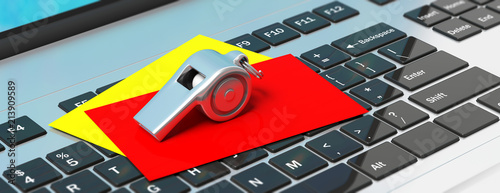 Canvas Print Whistle and red yellow cards on computer keyboard, banner