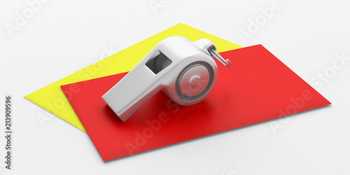 Whistle and red yellow cards isolated on white background. 3d illustration