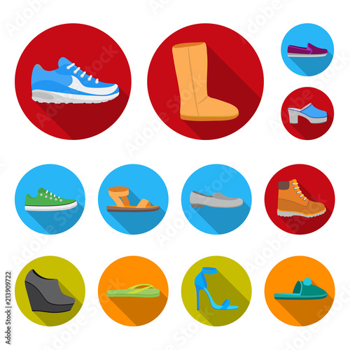 A variety of shoes flat icons in set collection for design. Boot, sneakers vector symbol stock web illustration.