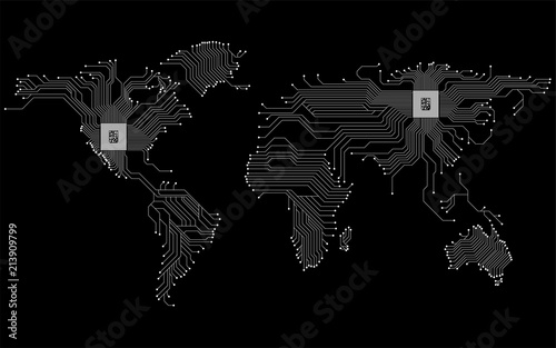 Fototapeta Naklejka Na Ścianę i Meble -  Abstract world map with cpu. Circuit board. Technology background