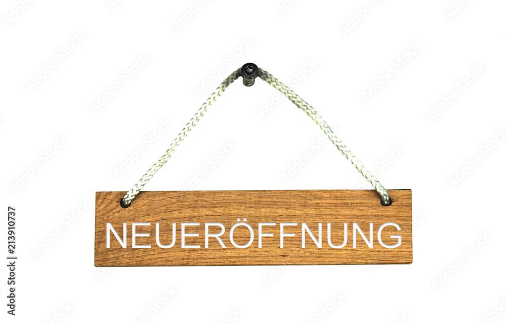 Isoliertes Holzschild mit Seil: Neueröffnung Isoliertes Holzschild mit Seil: Neueröffnung