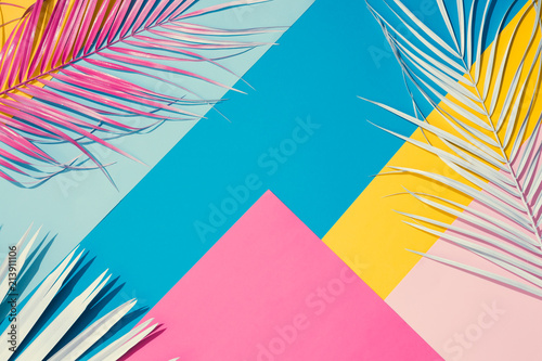 Fototapeta Tropical bright colorful background with exotic painted tropical palm leaves