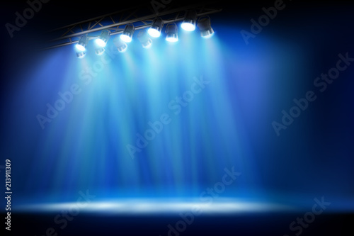 Stage illuminated by spotlights. Empty place for exposition. Vector illustration.