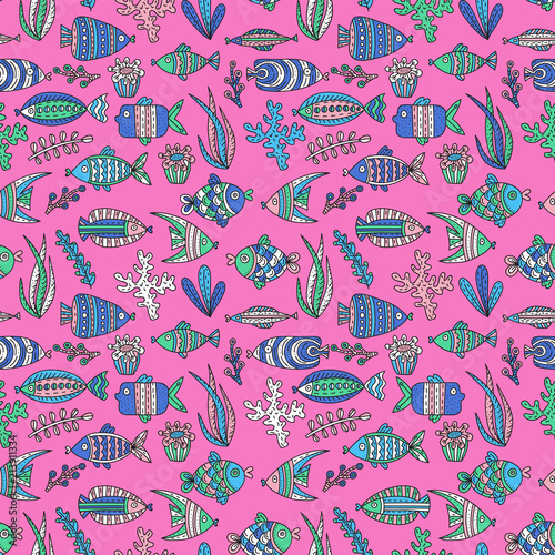 Seamless pattern with cute fishes and seaweeds