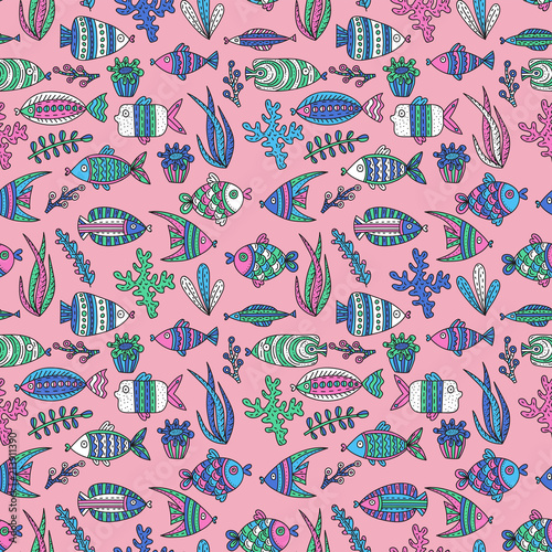Seamless pattern with cute fishes and seaweeds
