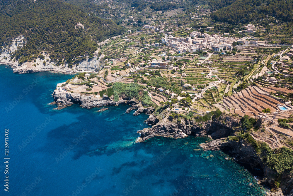Aerial: Banyalbufar town in Mallorca