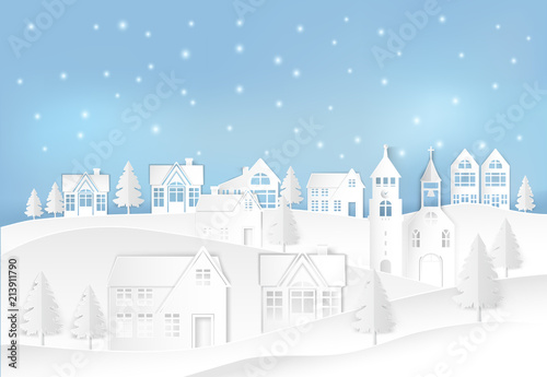 Winter holiday and snow in city town with blue sky background. Christmas season paper art style illustration.