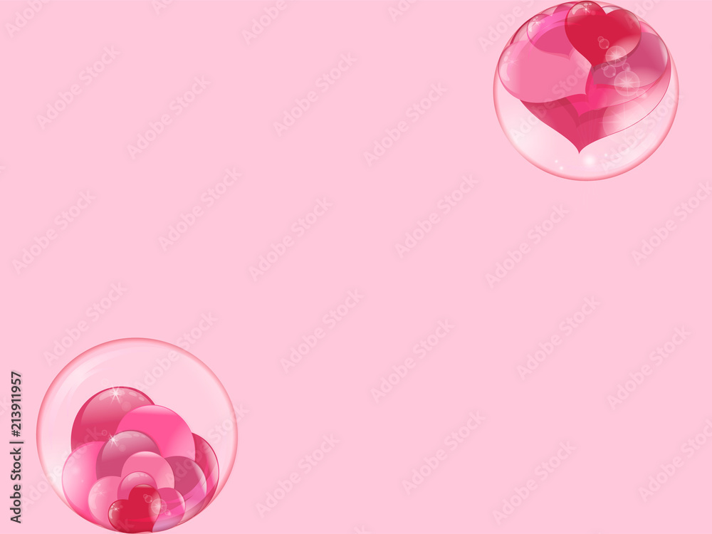 hearts lie inside a transparent glass bowl and a bubble flies with hearts inside on pink background