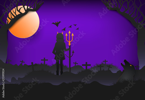 Young devil holding trident and wolf silhouette Halloween paper art background concept, paper cut style illustration