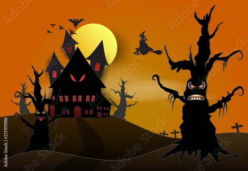 Young witch and castle in dark forest Halloween paper art background concept, paper cut style illustration