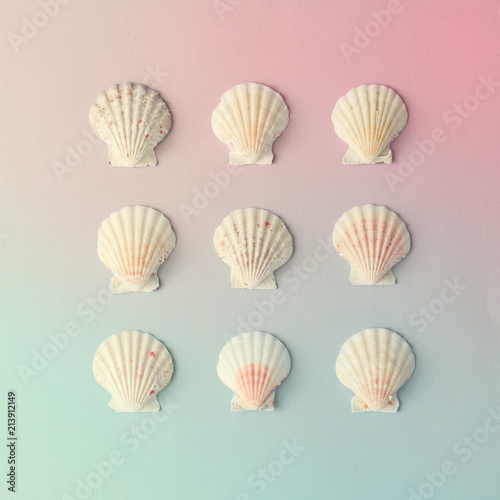 Creative seashell pattern on gradient pastel pink and blue background. Summer flat lay.