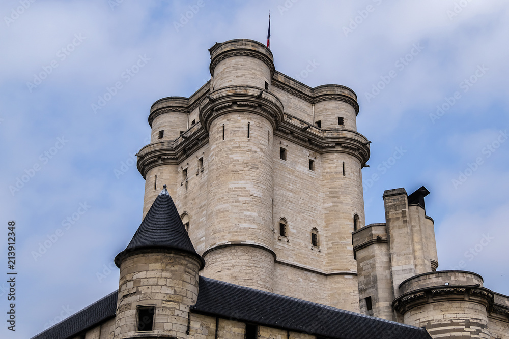 External view of Vincennes Castle (Chateau de Vincennes) - massive XIV - XVII century French royal fortress in the town of Vincennes, to the east of Paris. France.