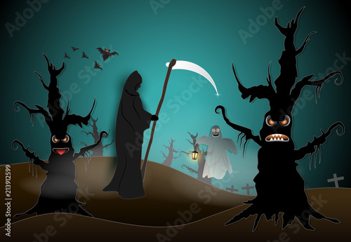 Grim reaper in cemetery and dark forest with spooky and bat Halloween paper art background, paper cut style illustration