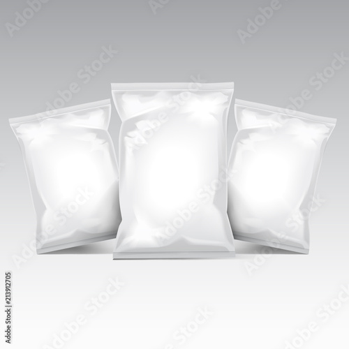 White foil bag packaging for food, snack, coffee, cocoa, sweets, crackers, nuts, chips. Vector plastic pack template set