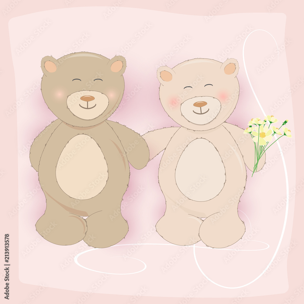 Couple Teddy Bear hloding cosmos flower Greeting card on pink background Couple Teddy Bear hloding cosmos flower Greeting card on pink background