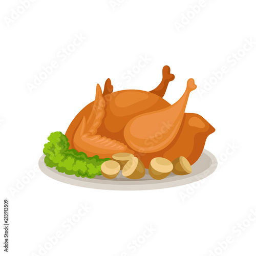 Tasty roasted turkey with greens and acorns. Traditional food for Thanksgiving dinner. Delicious holiday meal. Flat vector icon