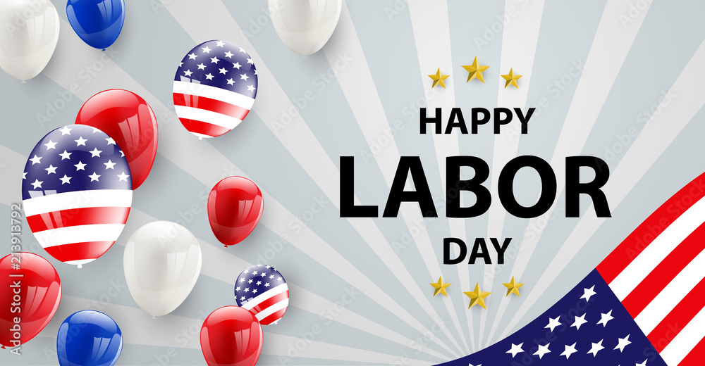 Fototapeta premium Labor day card design American flag balloons with confetti background. Sale Vector illustration.