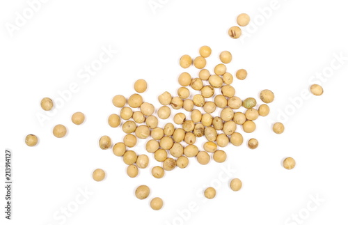 Organic raw soybeans, isolated on white background, top view