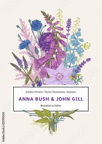 Wedding invitation. Vector vintage illustration. Pink, violet, blue, purple garden flowers