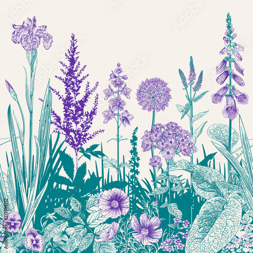 Seamless border. Vector vintage illustration. Emerald and violet color