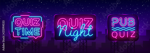 Quiz night collection announcement poster vector design template. Quiz night neon signboard, light banner. Pub quiz held in pub, bar, night club. Pub team game. Vector Billboard