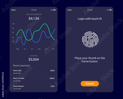 ID Application with icon of fingerprint and graph interface. Fingerprint vector icon. Log on fingerprint, protection, personal data, login to the account. Money balance screen