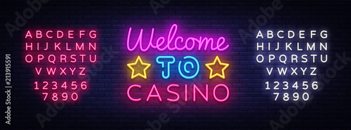 Welcome to Casino sign vector design template. Casino neon logo, light banner design element colorful modern design trend, night bright advertising, bright sign. Vector. Editing text neon sign