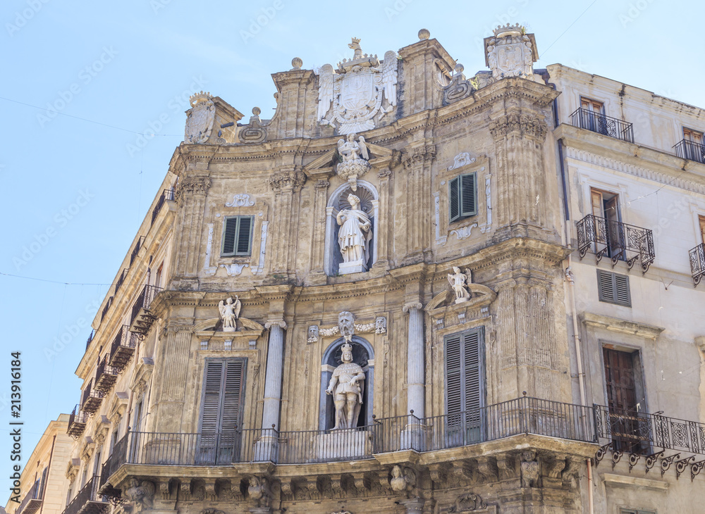 Palermo - Baroque facade of Tribunali building at  square piazza Vigliena called Quattro Canti