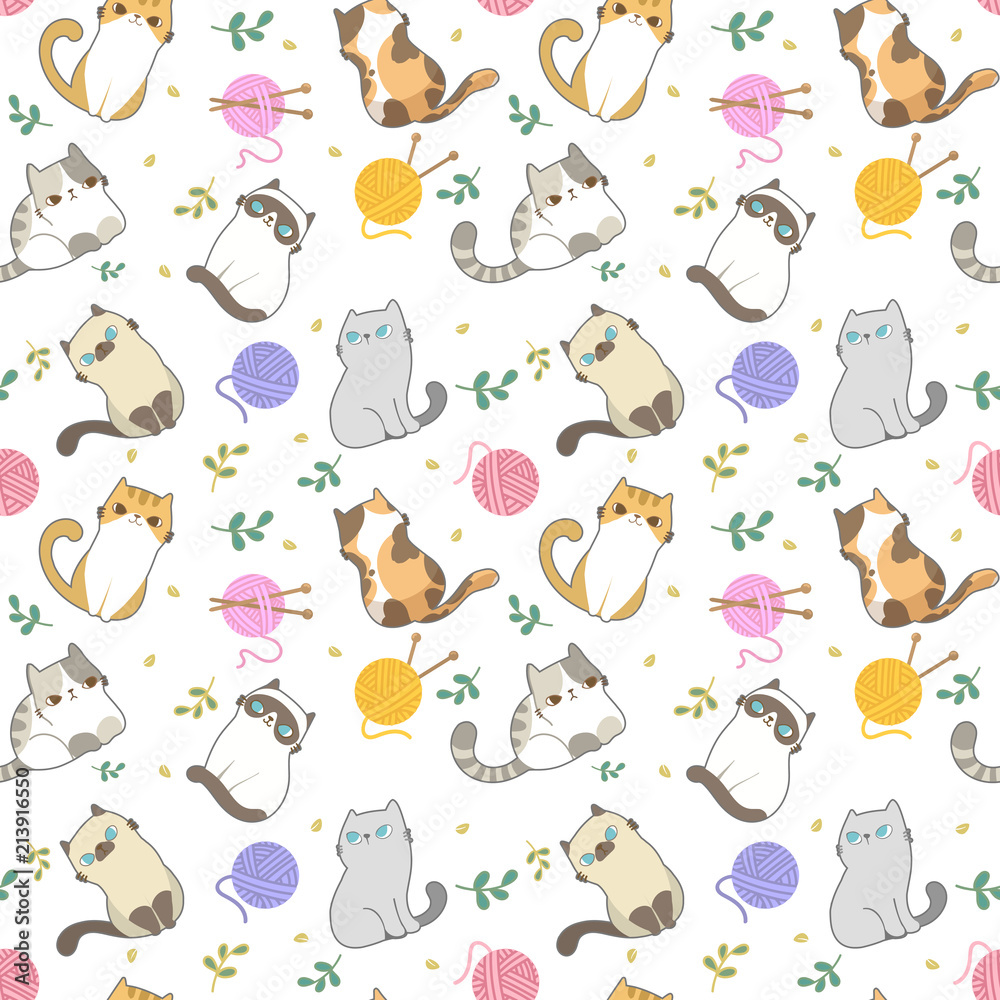 Vector illustration, Cats seamless pattern, Different type of cute cartoon  cat on white background . It can be print and used as wallpaper, packaging,  wrapping paper, fabric and etc. Stock Vector |