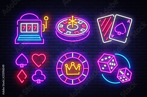 Casino neon collection vector icons. Casino Emblems and Labels, Bright Neon Sign, Slot Machine, Roulette, Poker, Dice Game. Vector illustration