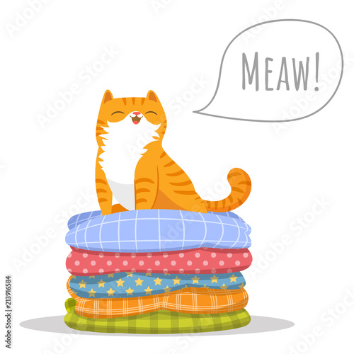 Vector illustration character design cute orange cat sitting comfortably on top of a pile of colorful cushions pillows. Pets concept draw doodle cartoon style.