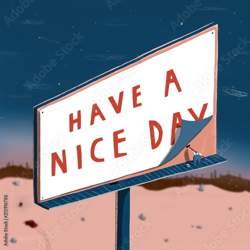 Man putting up billboard poster have a nice day photo