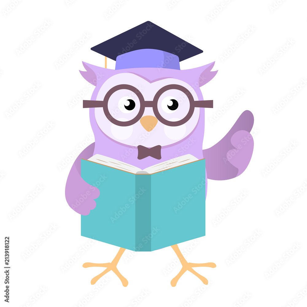 Naklejka premium Sowa sobie czapkę edukacji trzymając książkę Vector Cartoon