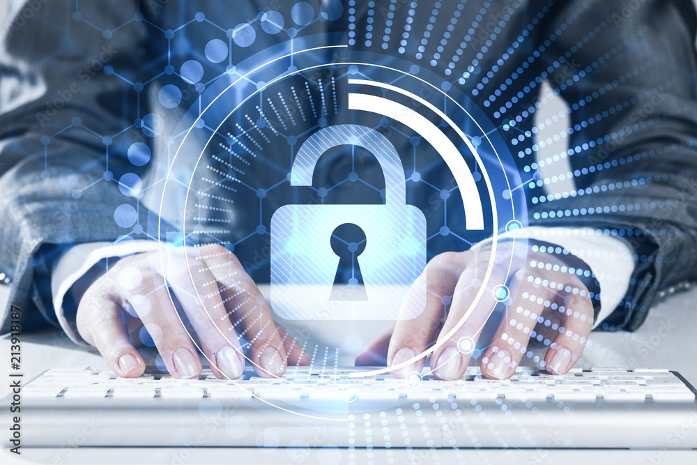 Internet security concept with woman typing password on keyboard Internet security concept with woman typing password on keyboard