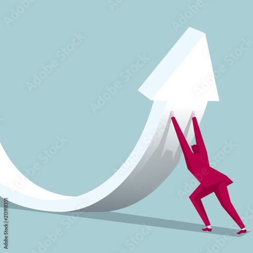 Businessman lift a huge arrow symbol.The background is blue.
