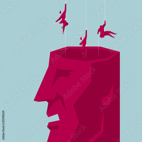 A group of businessmen airborne from in the brain.The background is blue.