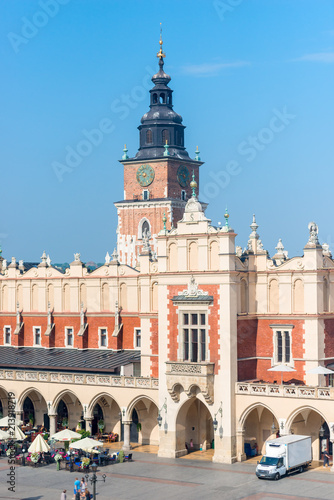 Top view of the shopping area and the Tower of Hall in the center of Krakow in Poland