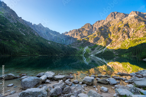 beautiful lake Morskie Oko in the Tatras in Poland in the shadow of the mountains